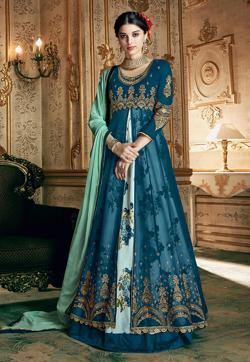 Blue Georgette Layered Abaya Style Anarkali Suit 165581
