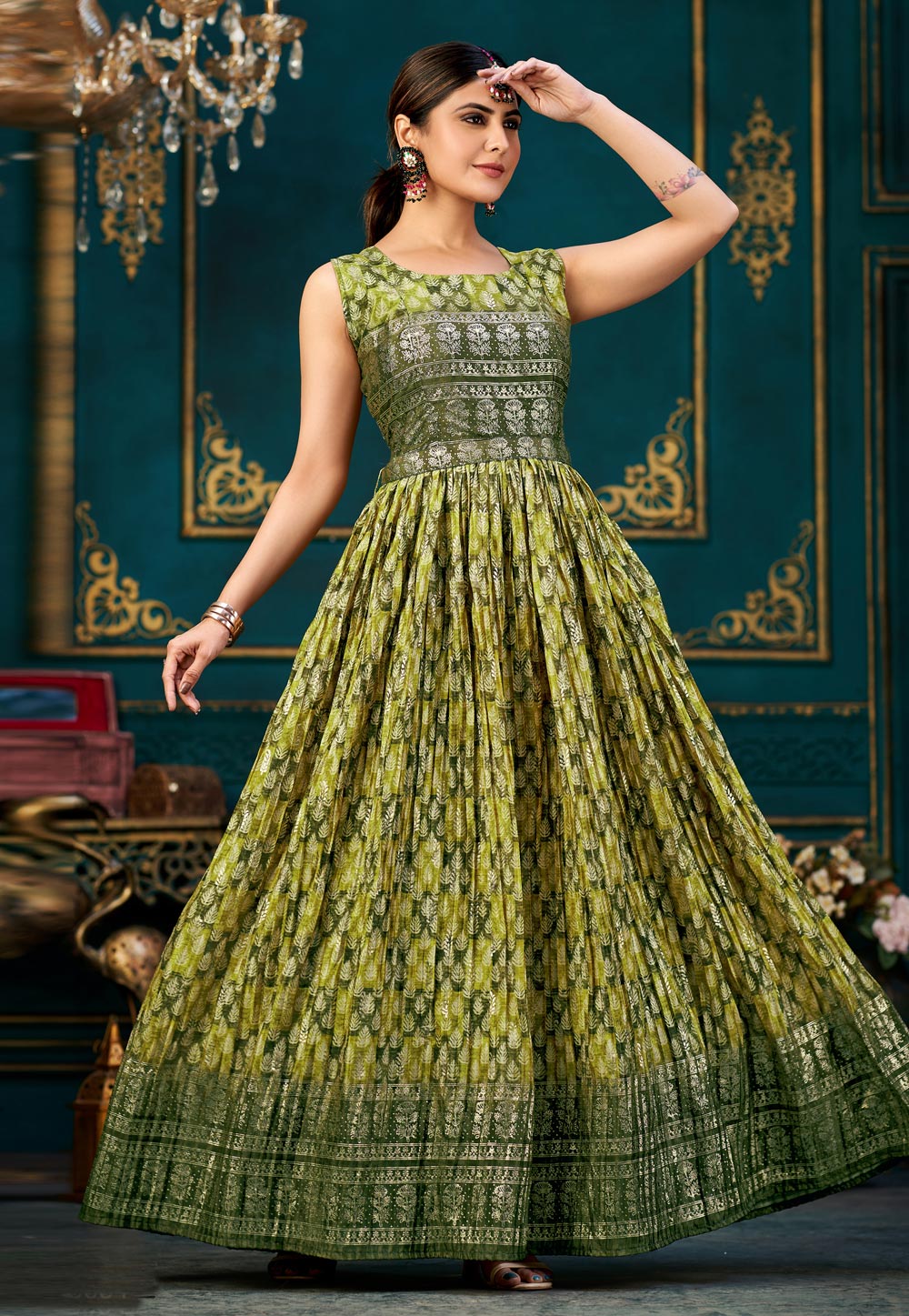 Buy Green Party Cotton Readymade Gown Online - Gown