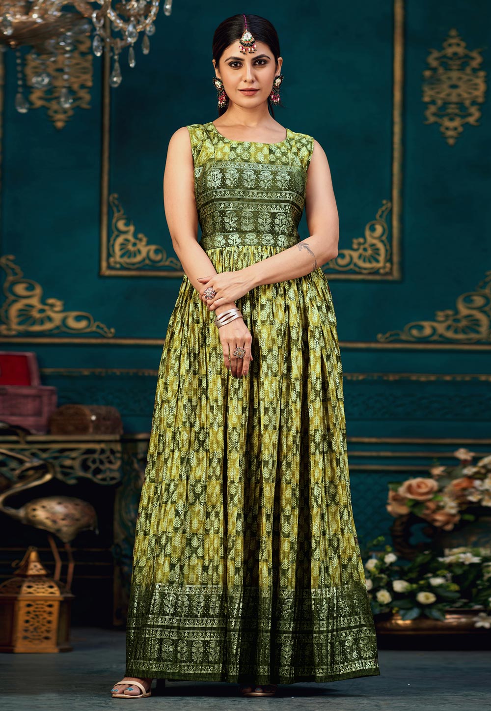 Light Green Chinon Silk Printed Gown 262193