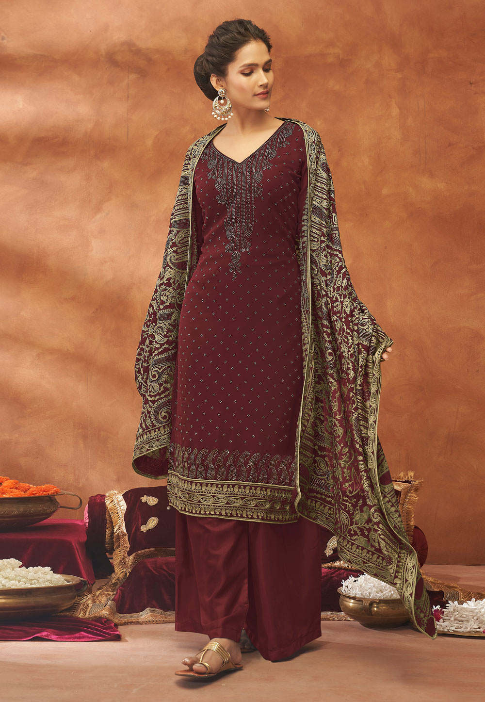 Wine Georgette Pakistani Suit 257100