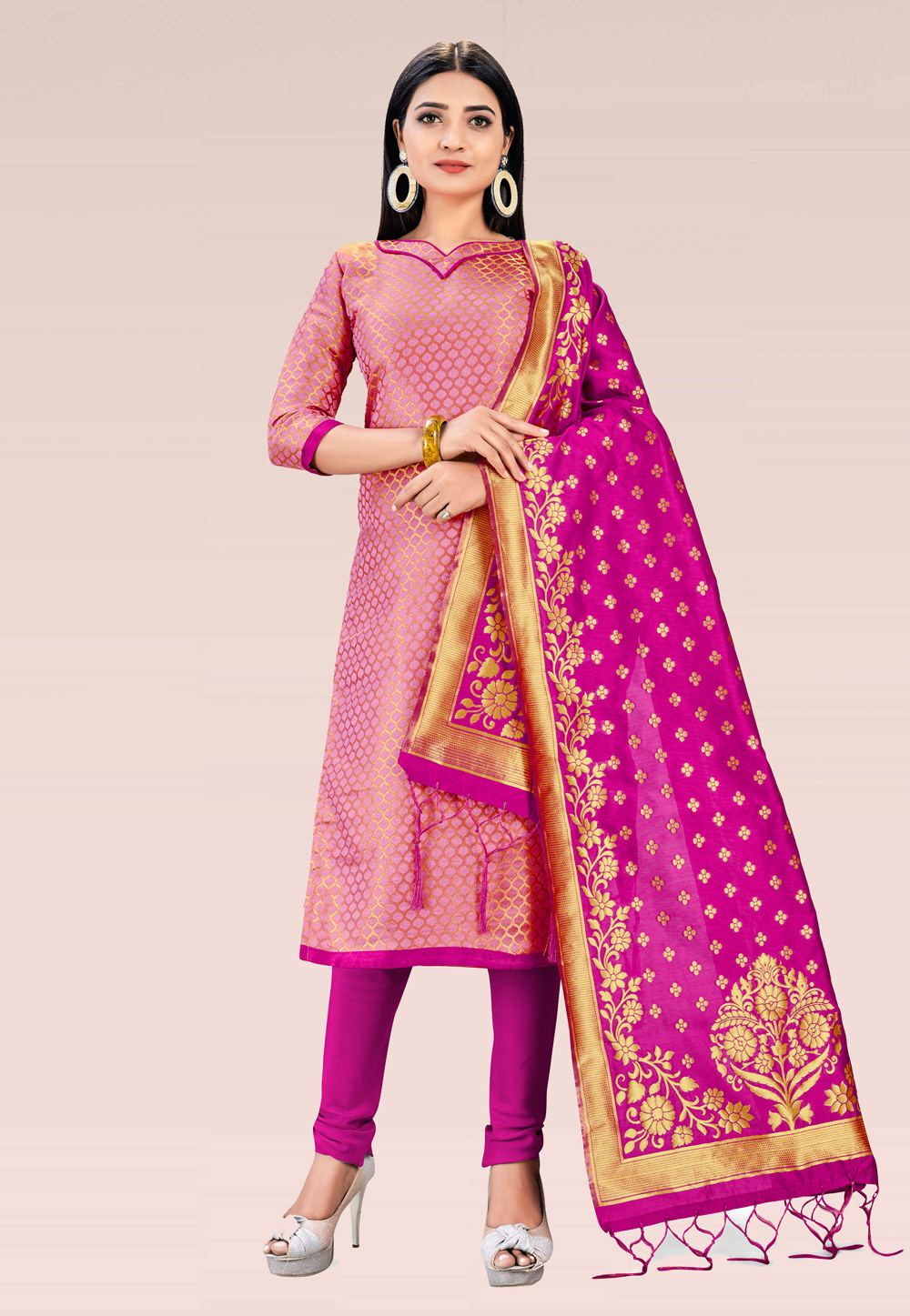 Pink Banarasi Silk Churidar Suit 219074