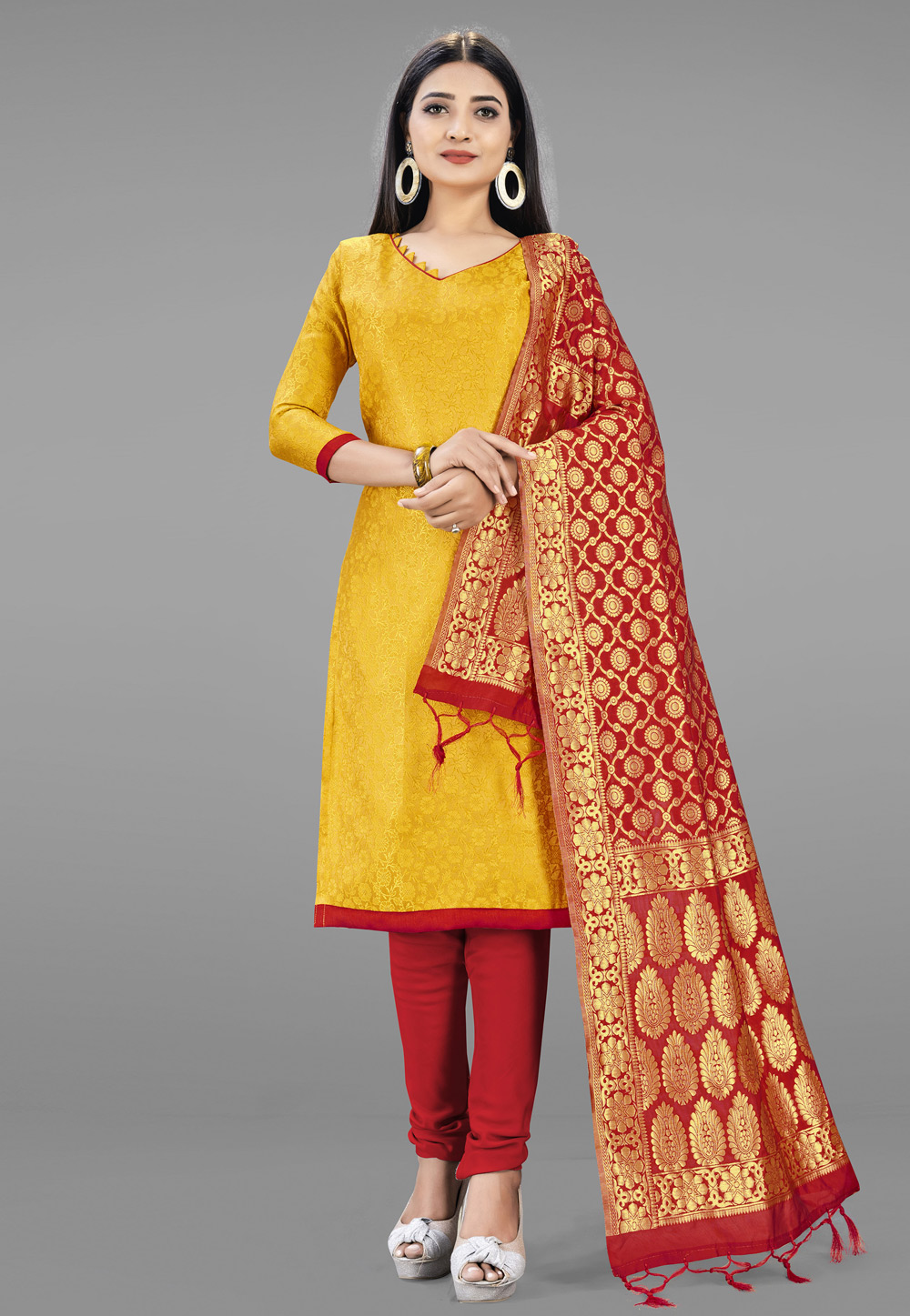Yellow Banarasi Silk Churidar Salwar Suit 219075