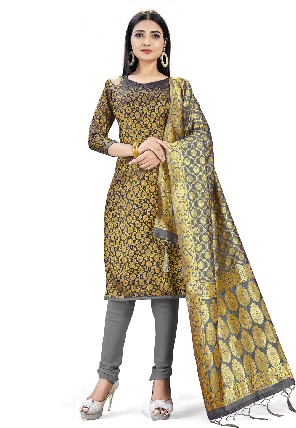 Black Banarasi Silk Churidar Suit 219076