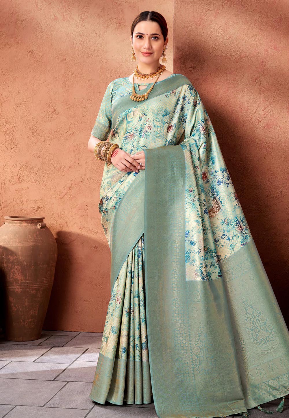 Sea Green Silk Saree With Blouse 276267