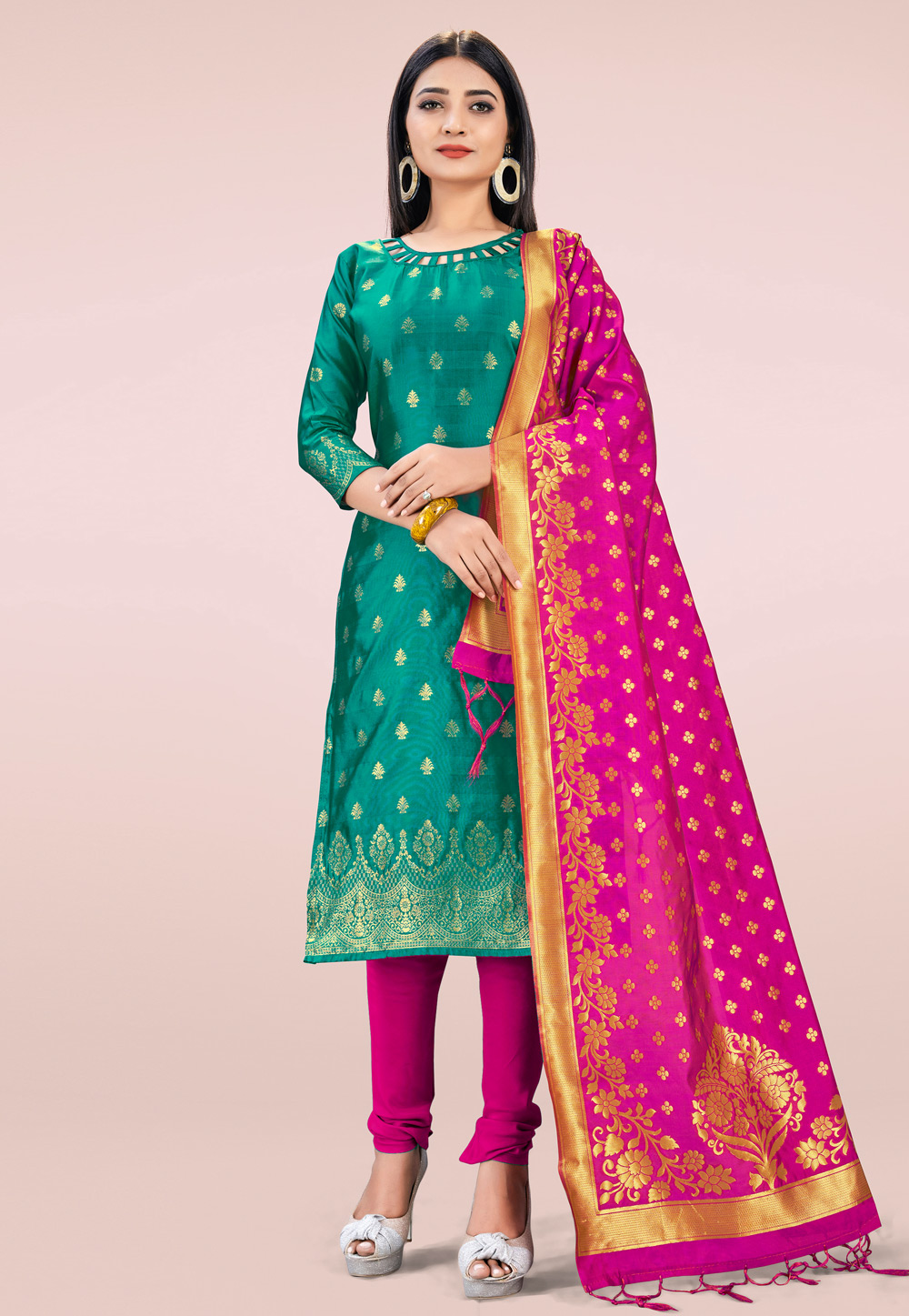 Green Banarasi Silk Churidar Salwar Suit 219068
