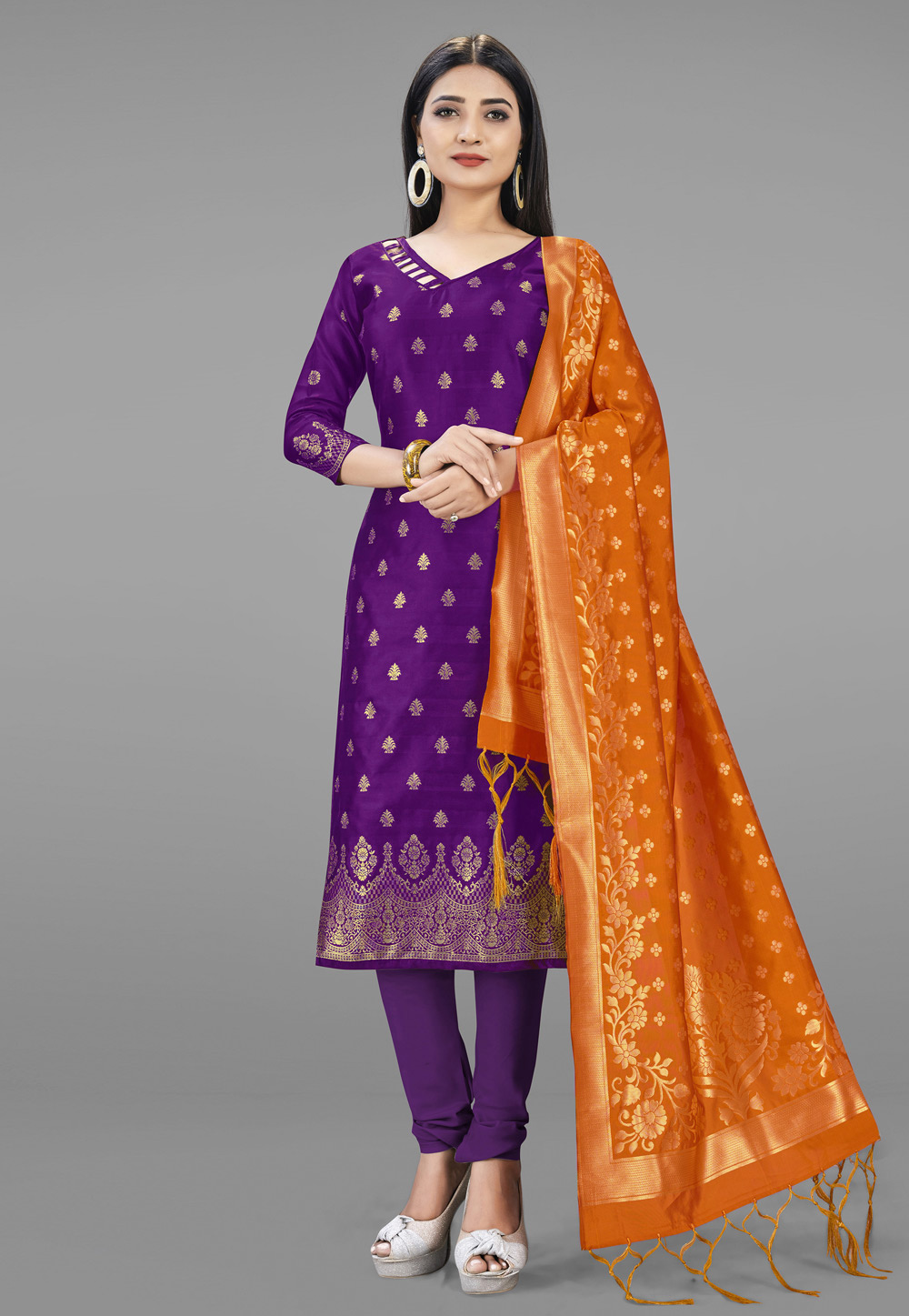 Purple Banarasi Silk Churidar Suit 219069