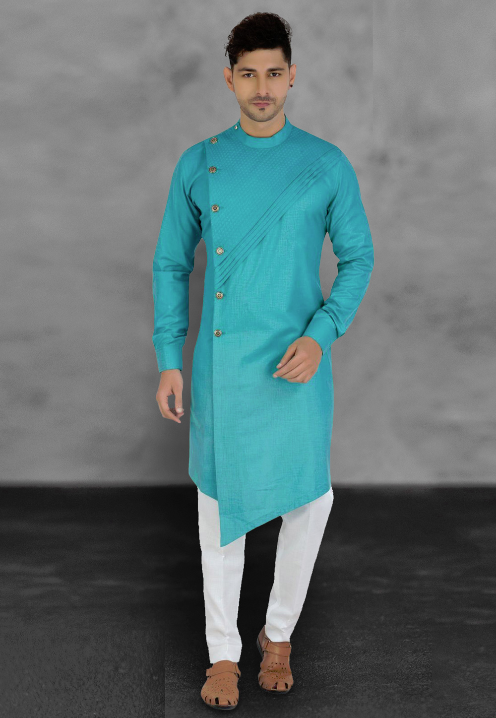 Turquoise Cotton Kurta Pajama 216166