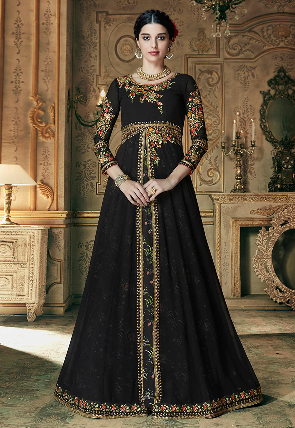 Black Georgette Layered Floor Length Anarkali Suit 165583