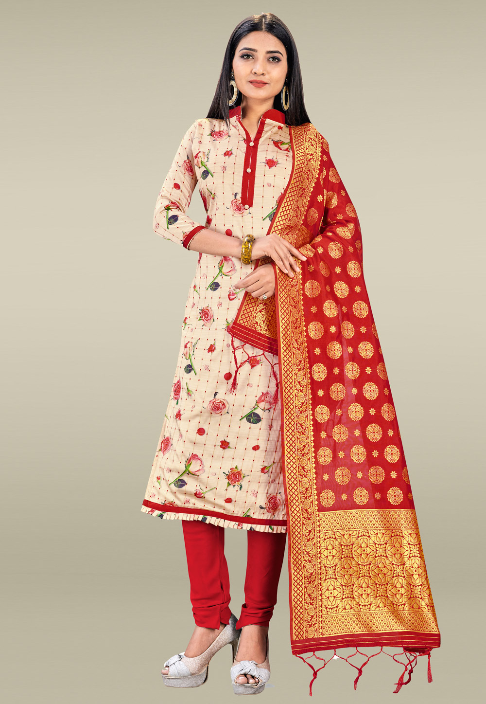 Cream Banarasi Silk Churidar Suit 219055