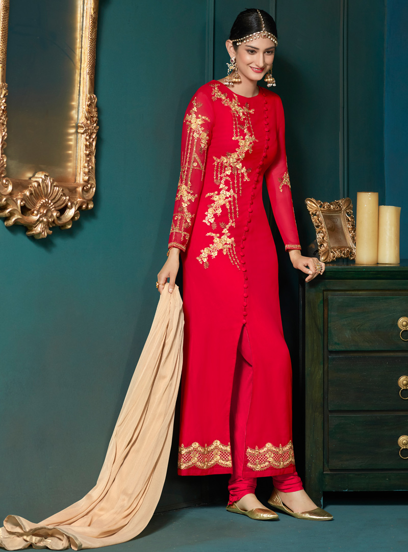 Red Georgette Churidar Salwar Suit 129829