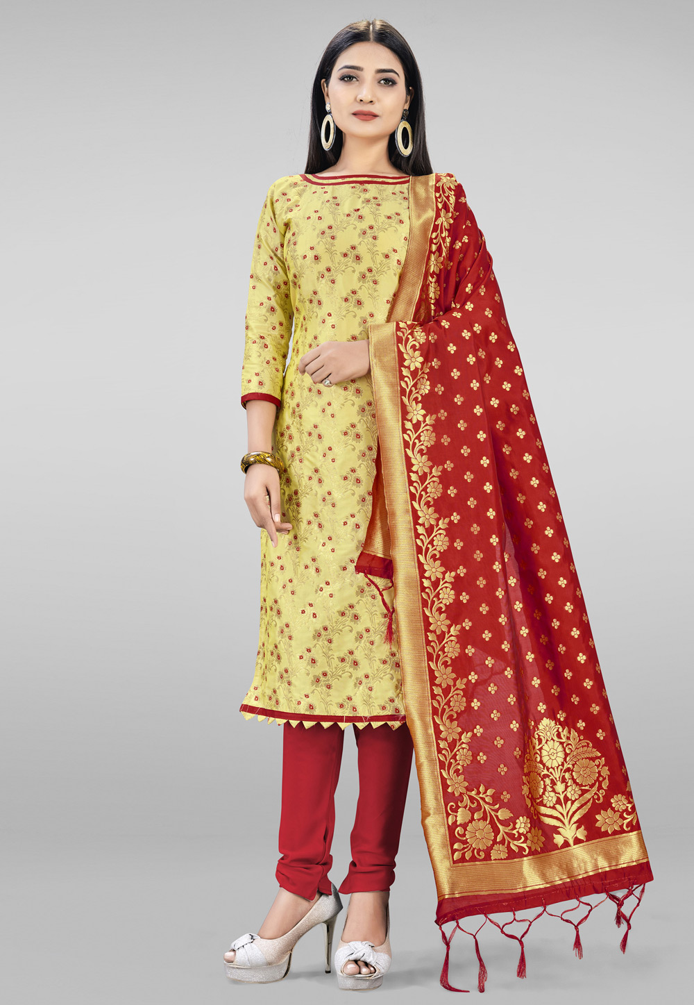 Light Yellow Banarasi Silk Churidar Suit 219082