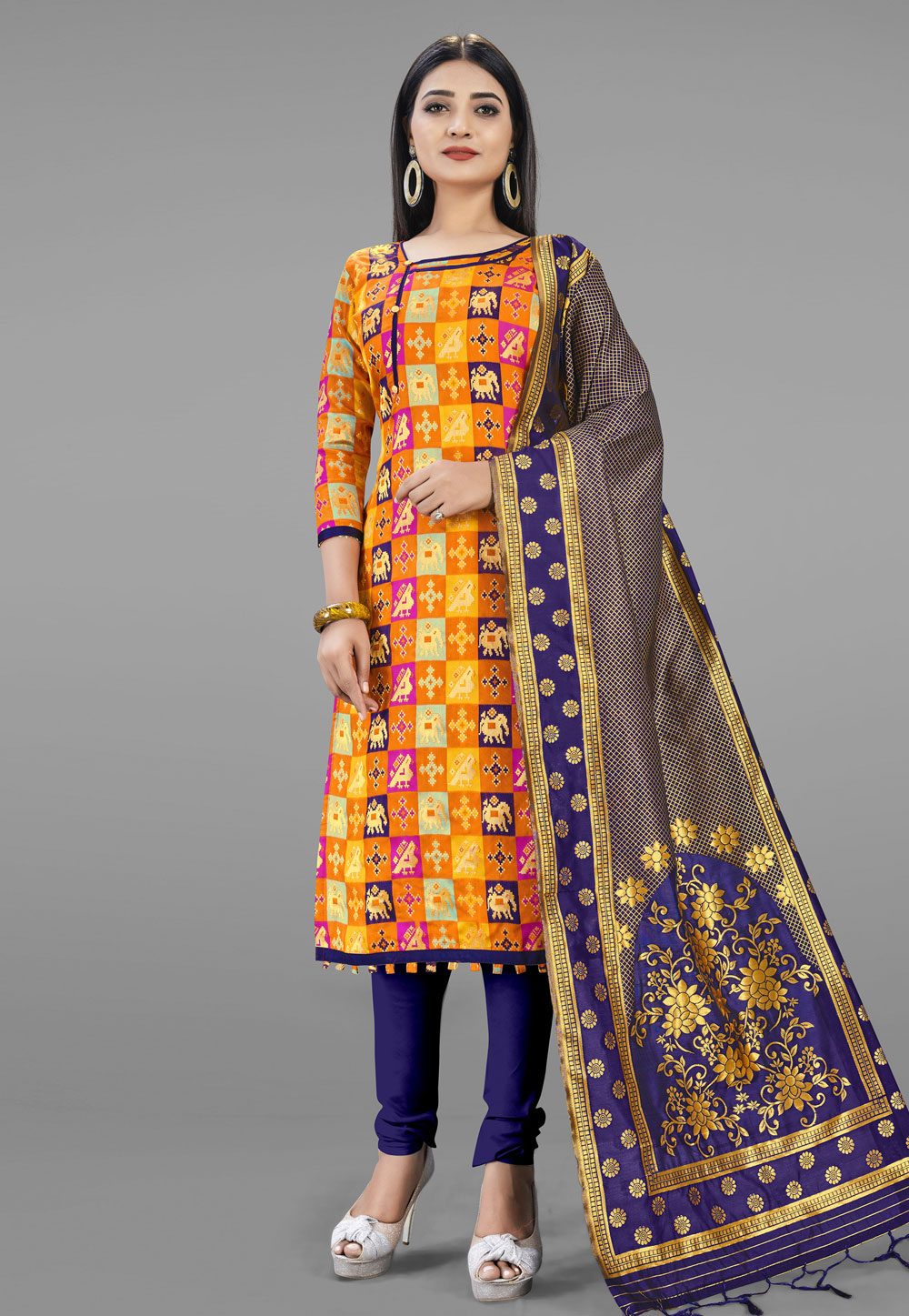 Orange Banarasi Silk Churidar Salwar Kameez 219083