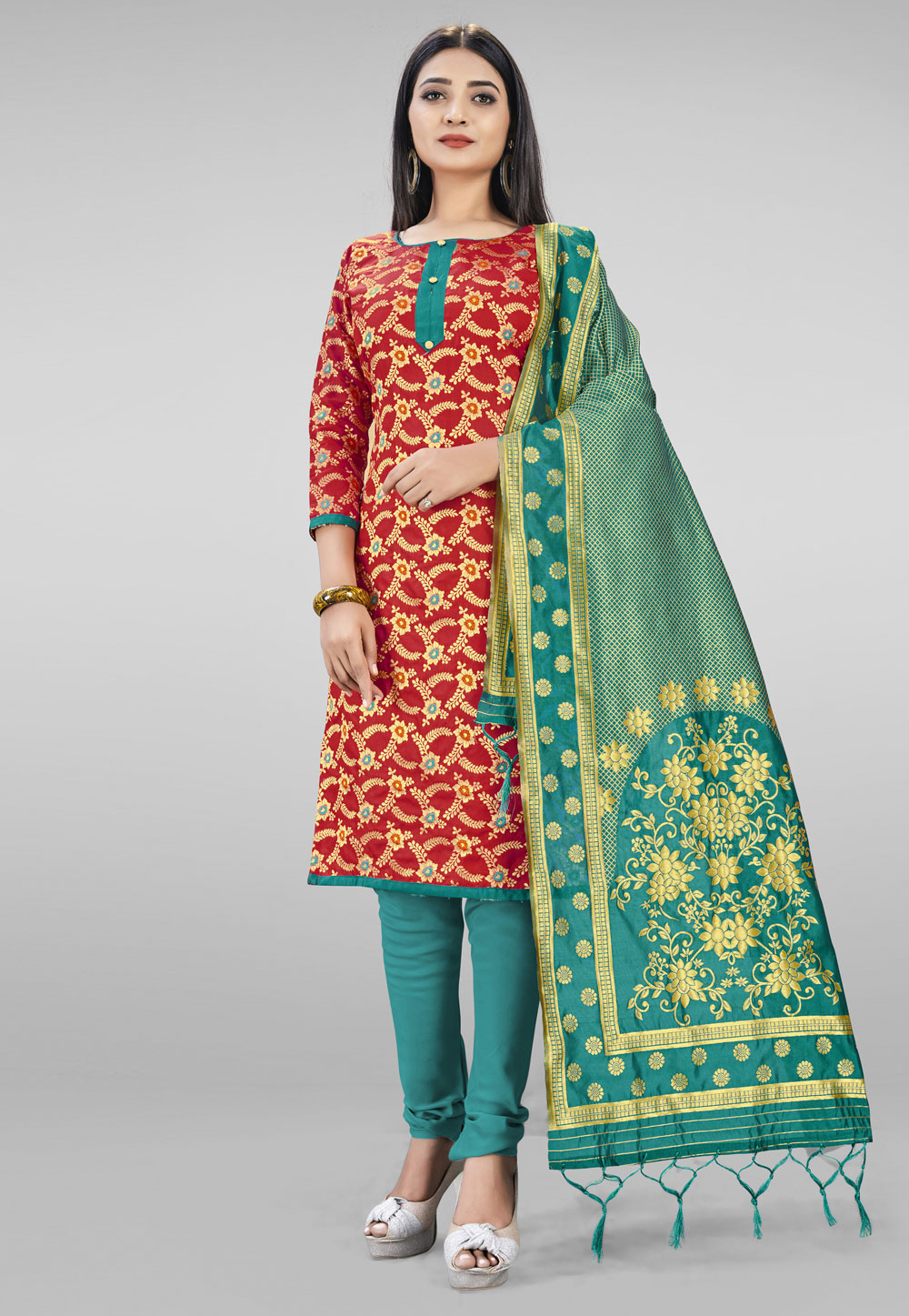 Red Banarasi Silk Churidar Suit 219084
