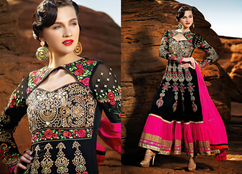 Black and Pink A Line Embroidered Designer Salwar Suit 32471