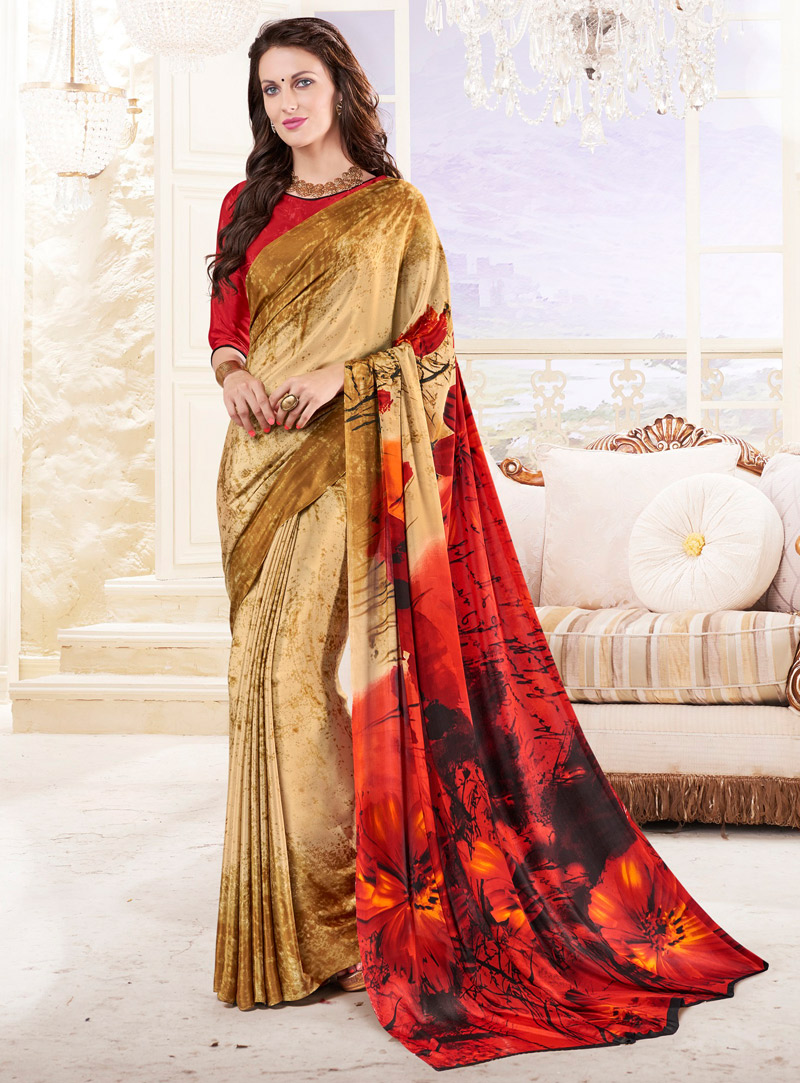 Beige Crepe Printed Saree With Blouse 93954