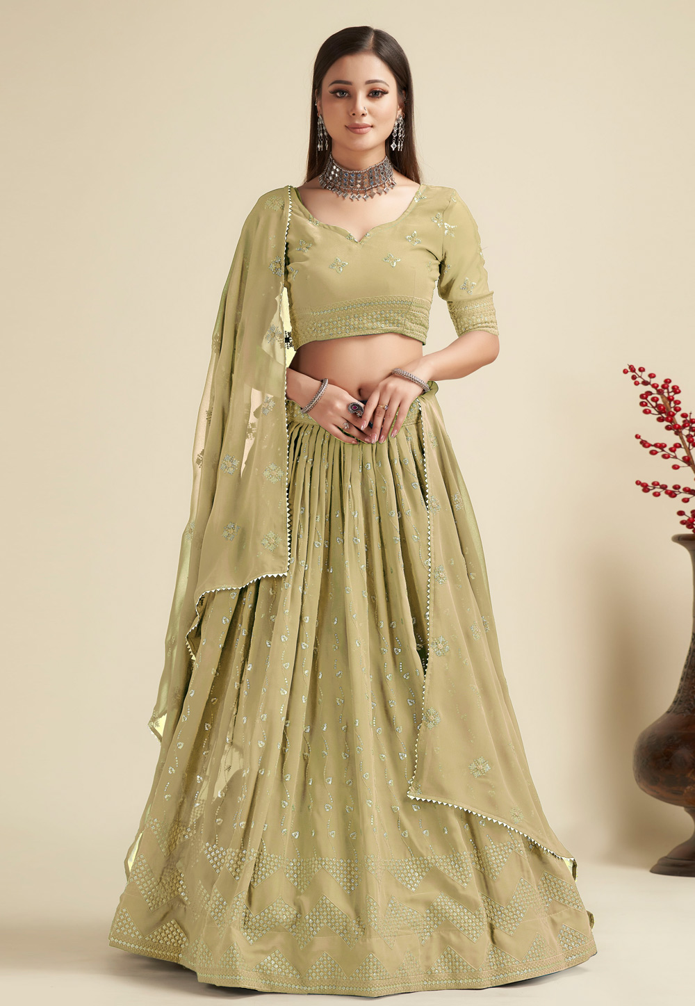 Lavanya The Label Olive Green Embroidered Ready to Wear Lehenga & Blouse  With Dupatta - Absolutely Desi