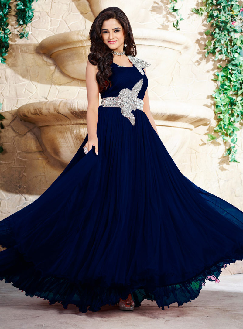 Navy Blue Pure Satin Ankle Length Gown 58102