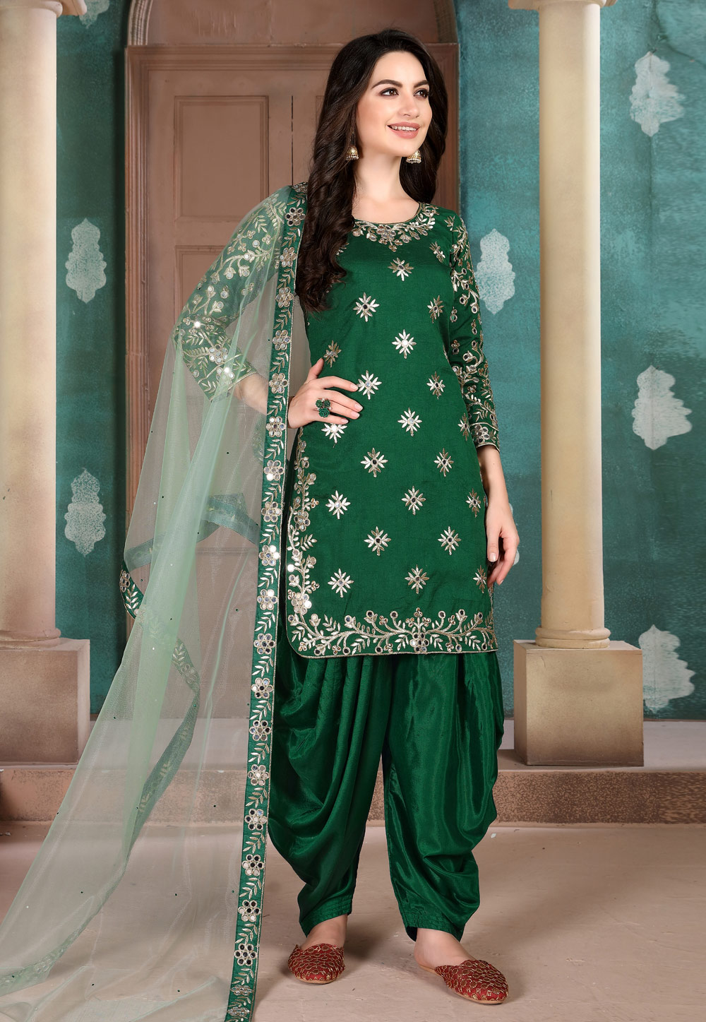 Green Art Silk Embroidered Punjabi Suit 206028