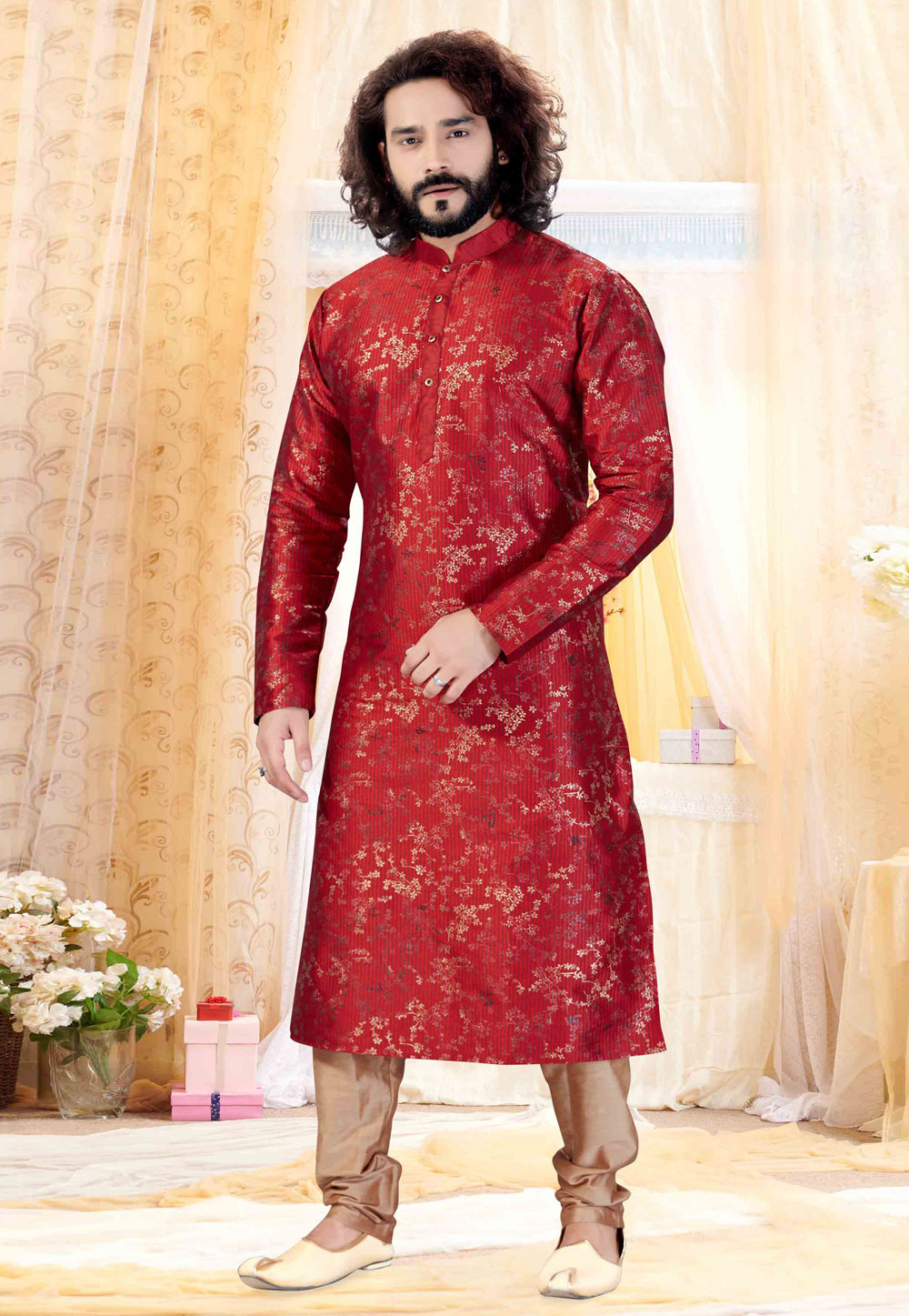 Red Silk Readymade Kurta Pajama 196670