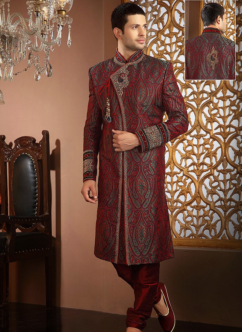 Stylish Red Jamawar Brocade Wedding Sherwani 40513