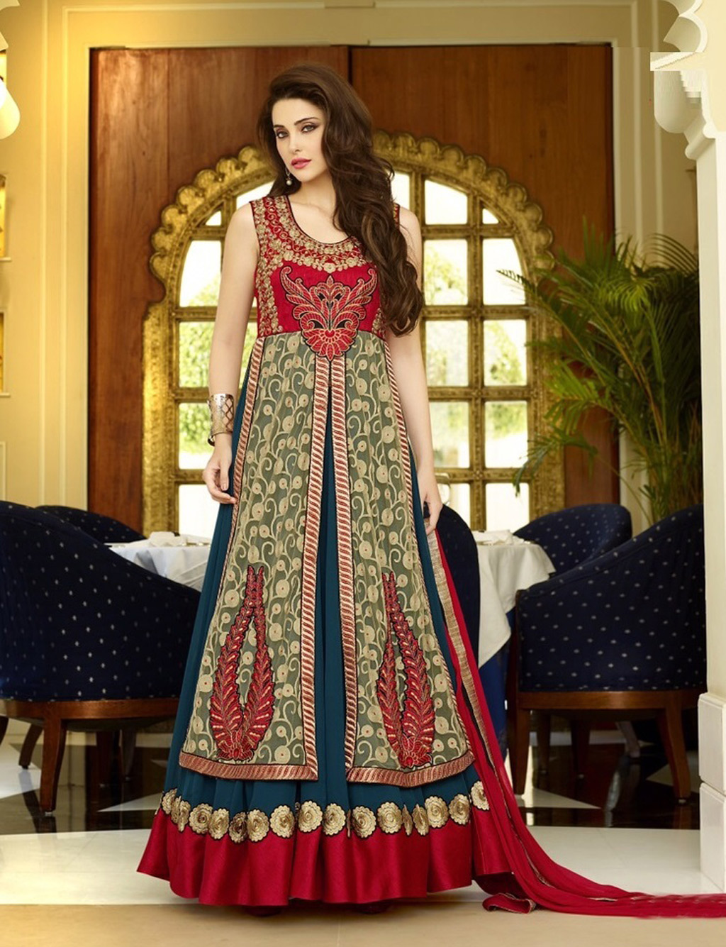 Turquoise Faux Georgette Indo Western Anarkali Suit 60340