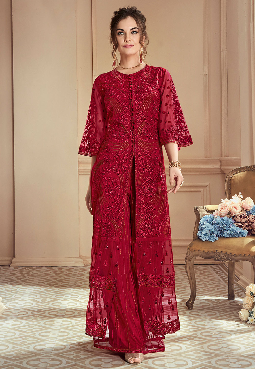 Red Net Embroidered Palazzo Suit 166040