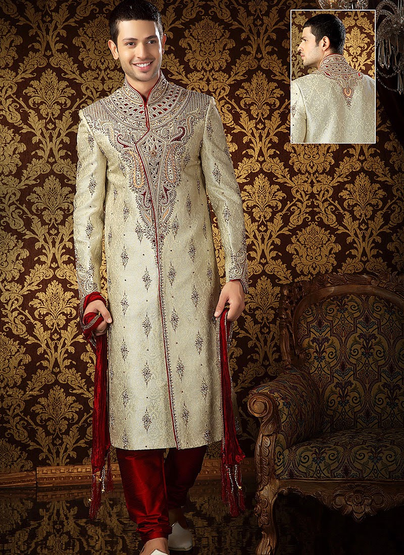 Cream Banarasi Silk with cutwork Wedding Sherwani 40516