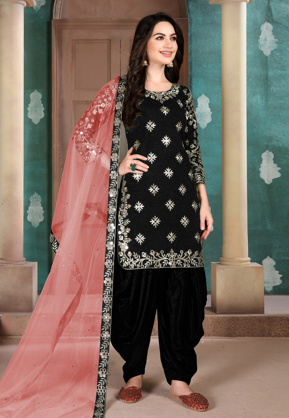 Black Art Silk Embroidered Patiala Suit 206029