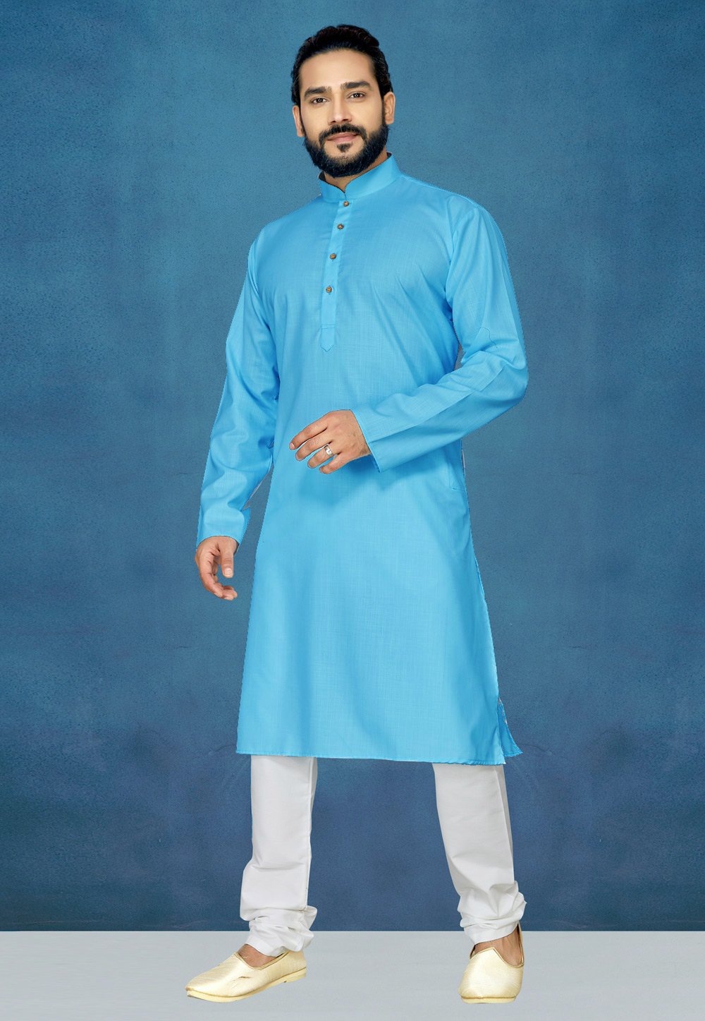 Light Blue Cotton Readymade Kurta Pajama 185406