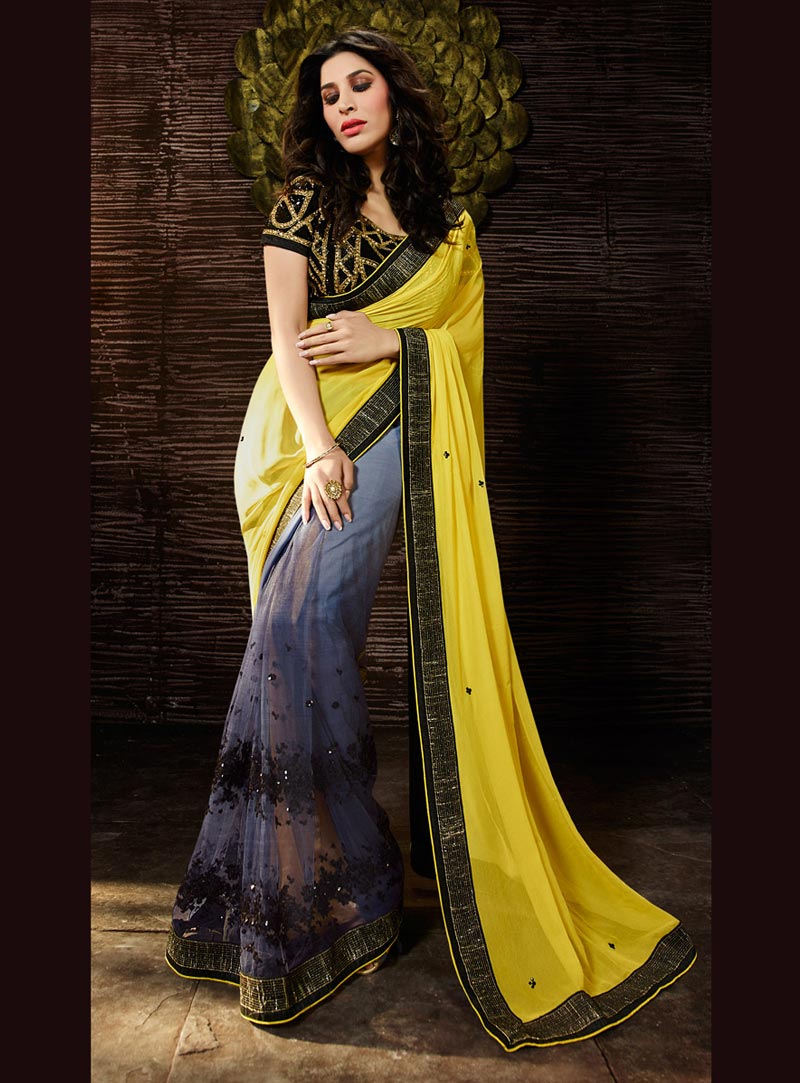 Sophie Choudry Yellow Georgette Party Wear Saree 68590