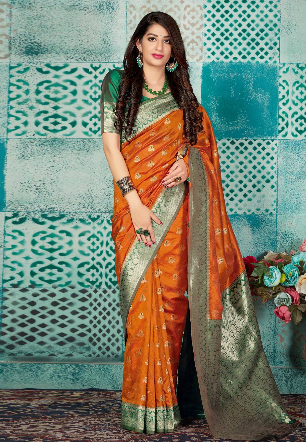 Orange Banarasi Silk Saree With Blouse 196842