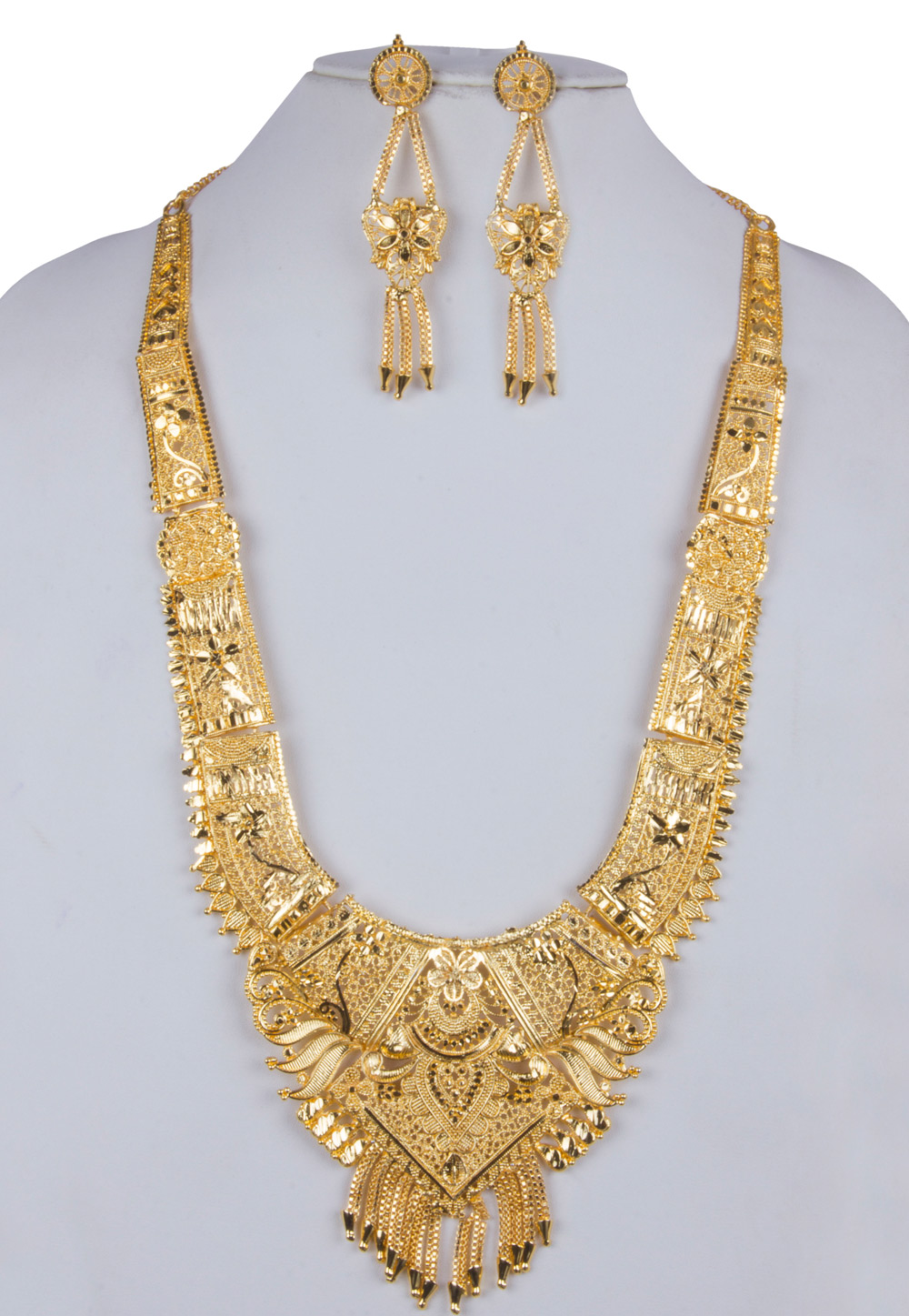 Golden Alloy Long Necklace With Earrings 157105