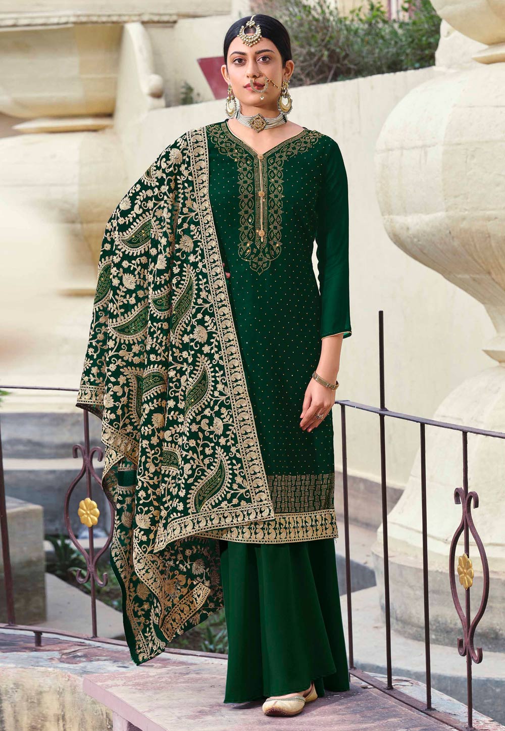 Green Georgette Palazzo Suit 219380