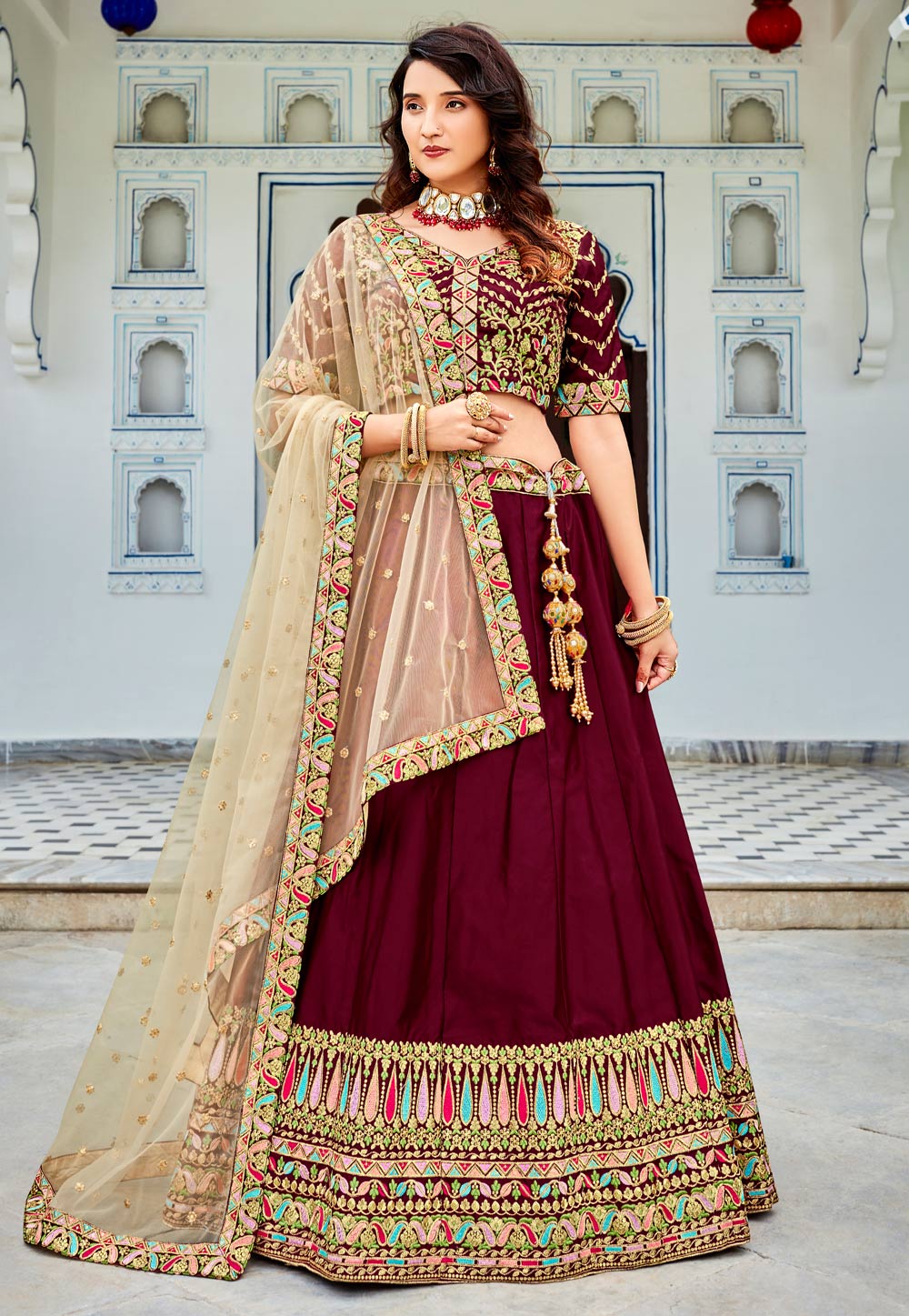 Buy Women Maroon Thread Embroidered Lehenga Set With Blouse And Contrast  Dupatta - Feed Luxe Lehenga - Indya