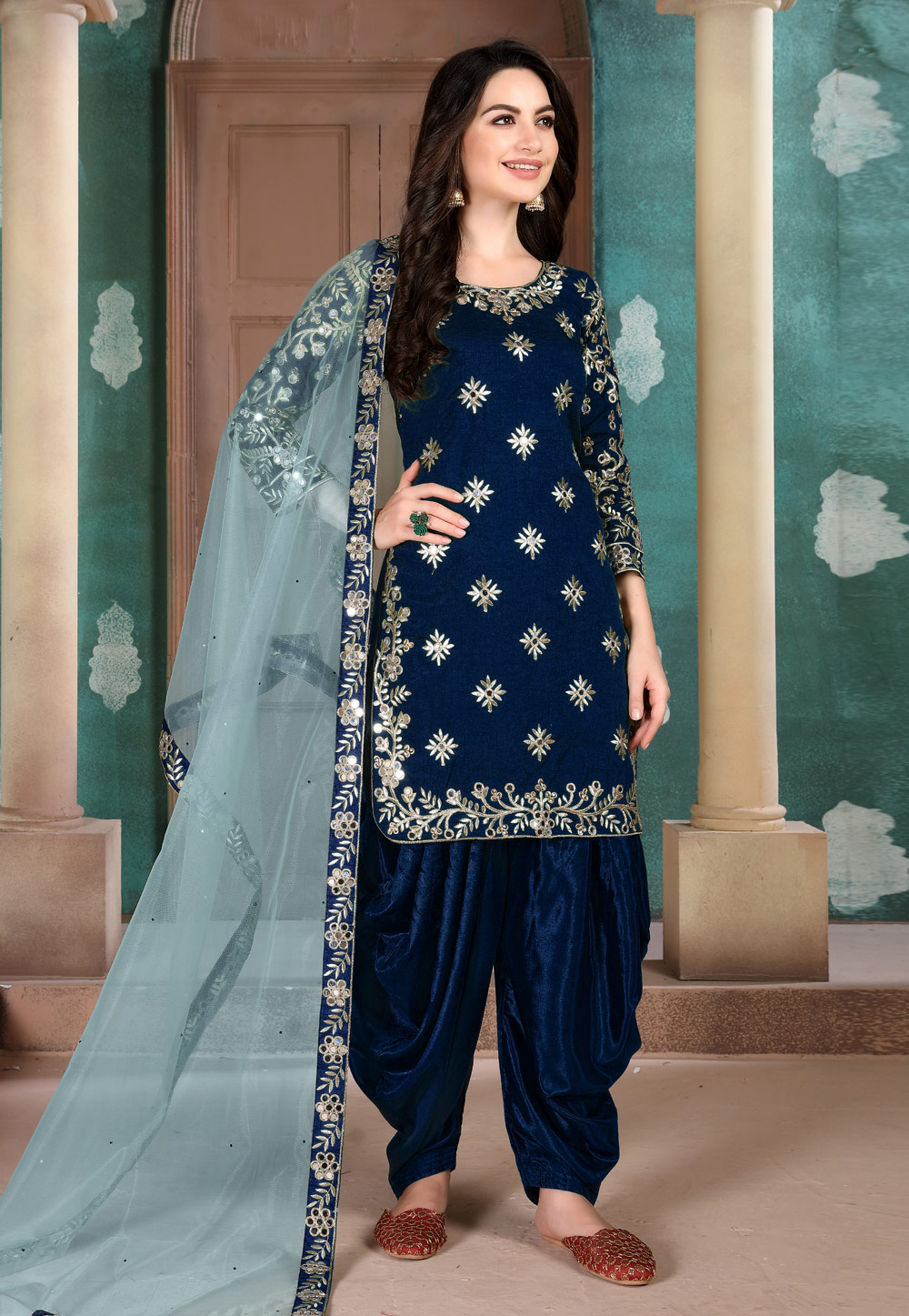 Navy Blue Art Silk Embroidered Punjabi Suit 206030