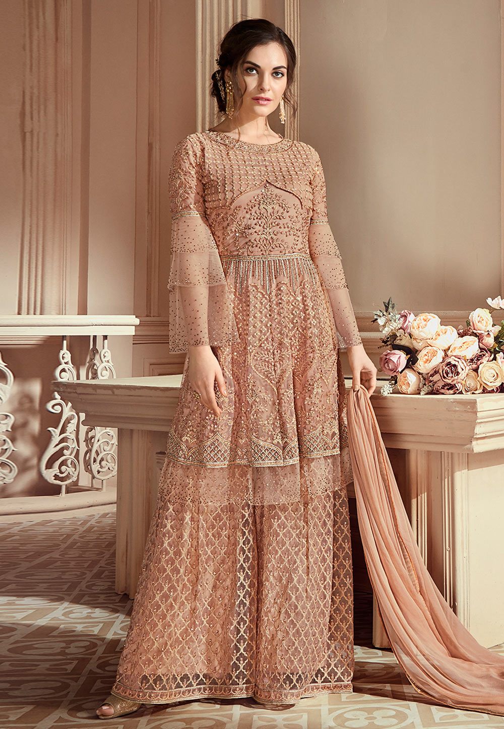 Peach Net Embroidered Palazzo Suit With Frilled Sleeve 166042