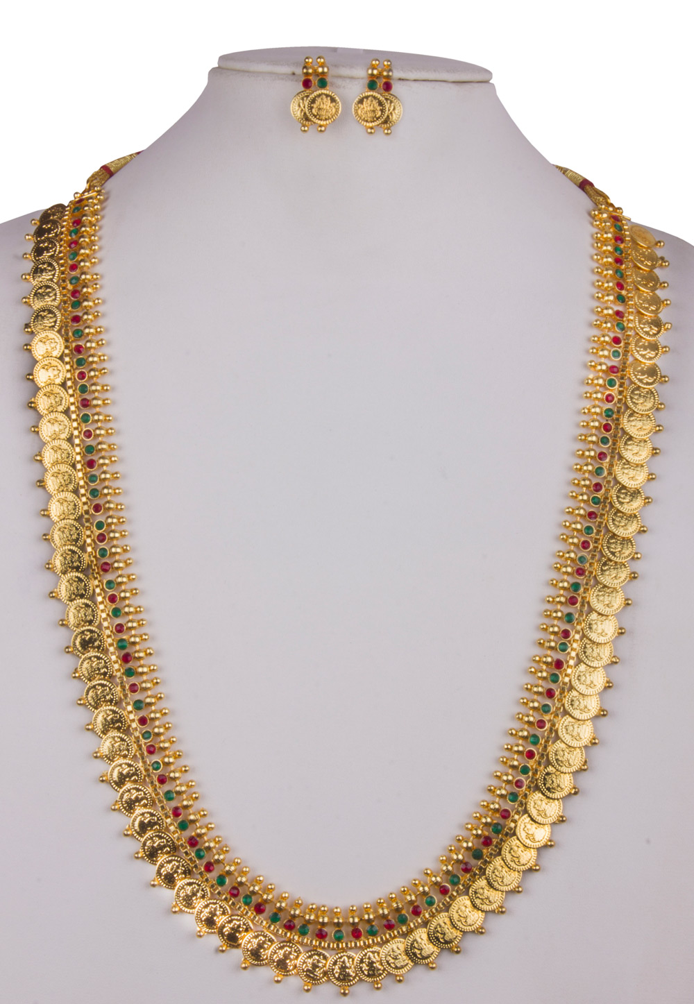 Golden Alloy Long Necklace With Earrings 157107