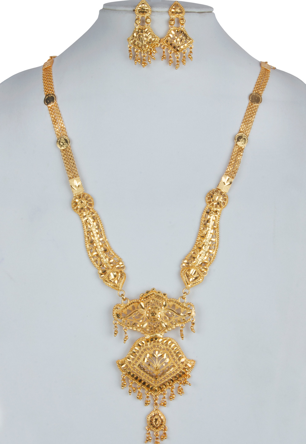 Golden Alloy Long Necklace With Earrings 157108