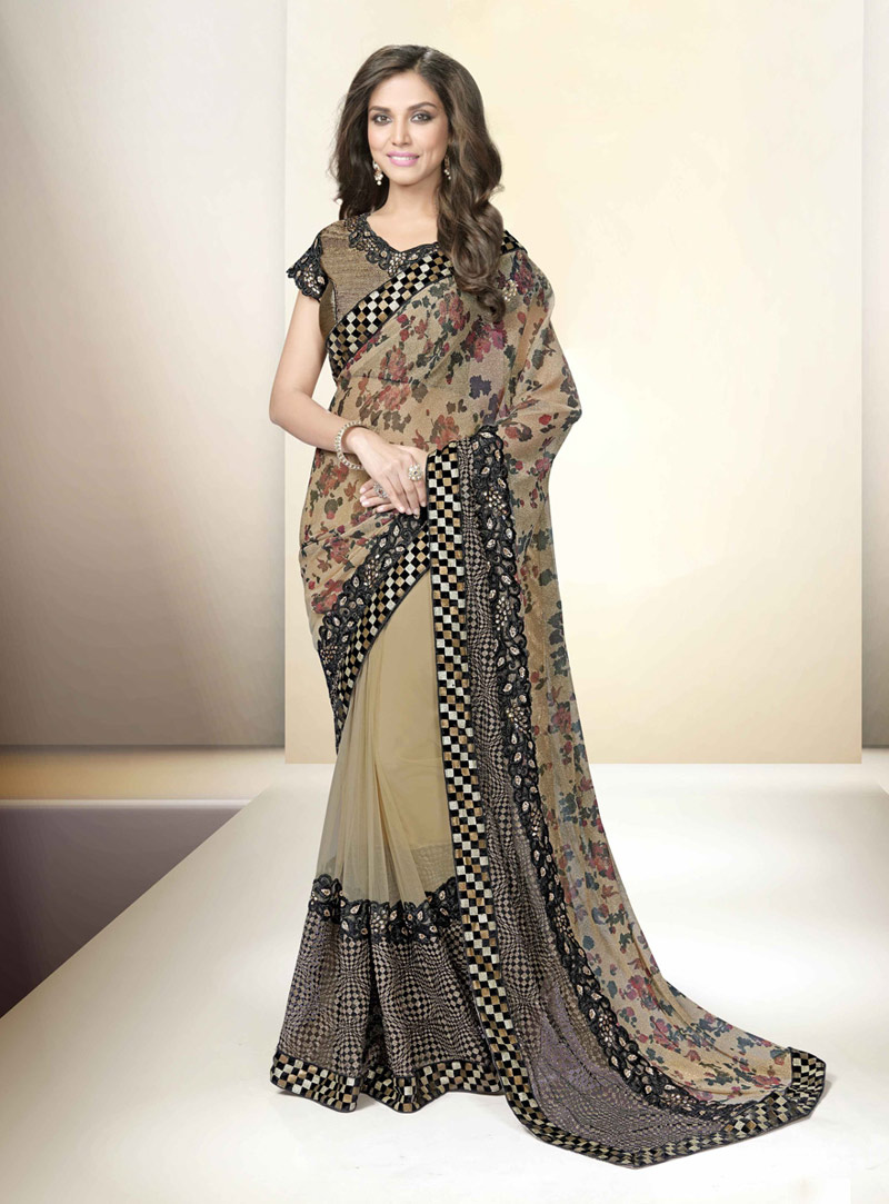 Beige Lycra Party Wear Saree 69374