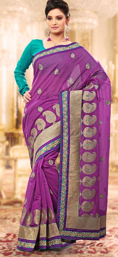 Purple Chanderi Silk Embroidered Saree 24314