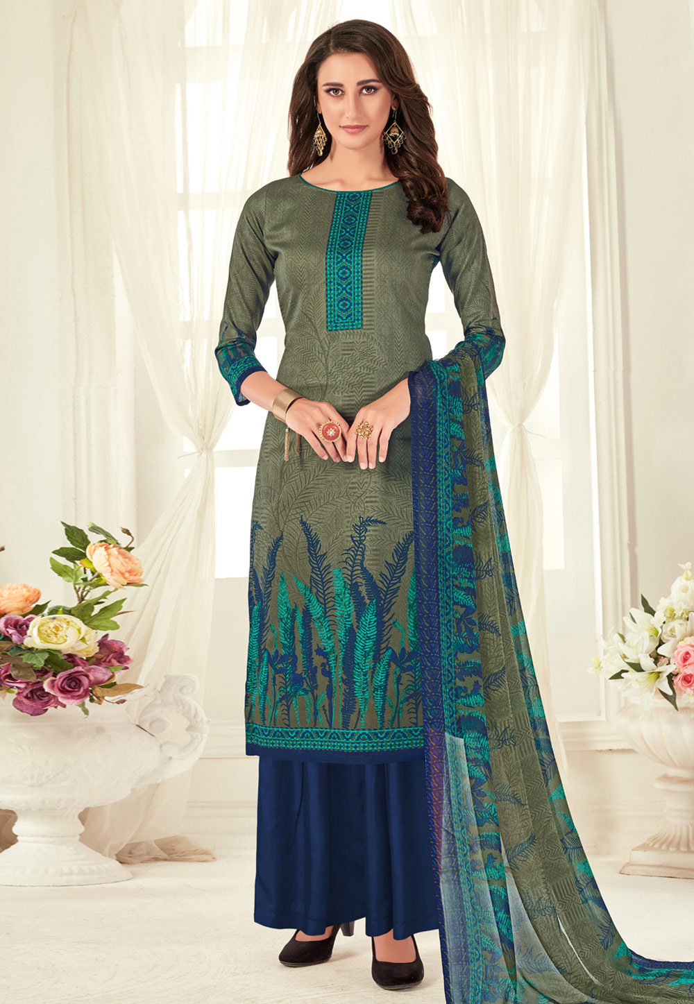 Olive Green Cotton Printed Kameez With Palazzo 196910