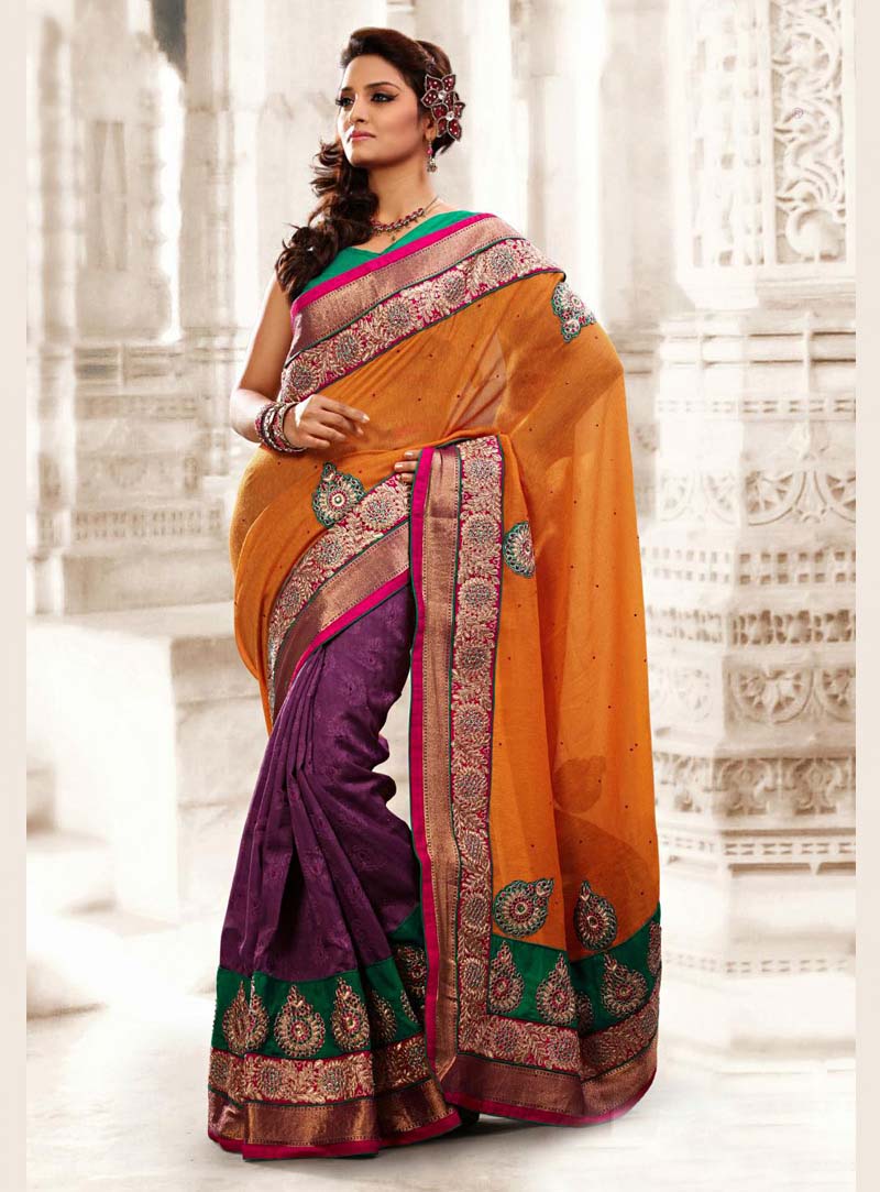 Orange and Purple Silk Embroidered with Stone Work Wedding Saree 26962