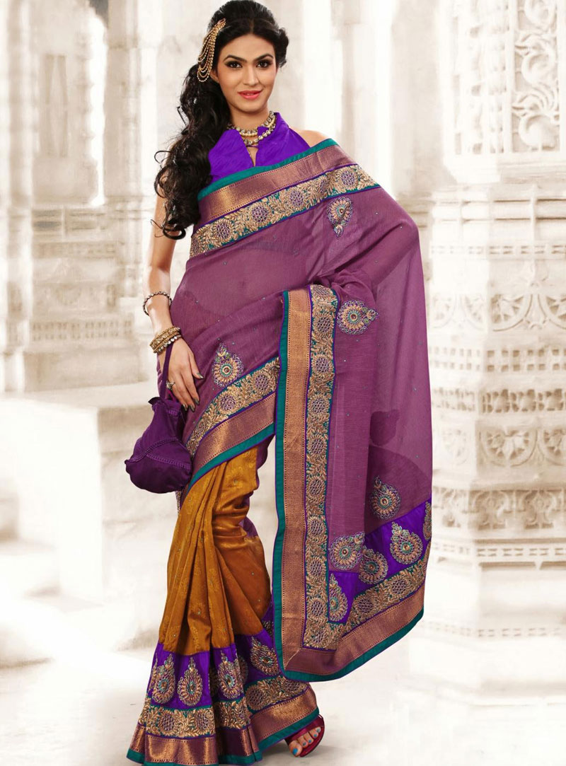 Purple and Yellow Embroidery with Stone Work Silk Wedding Saree 26963