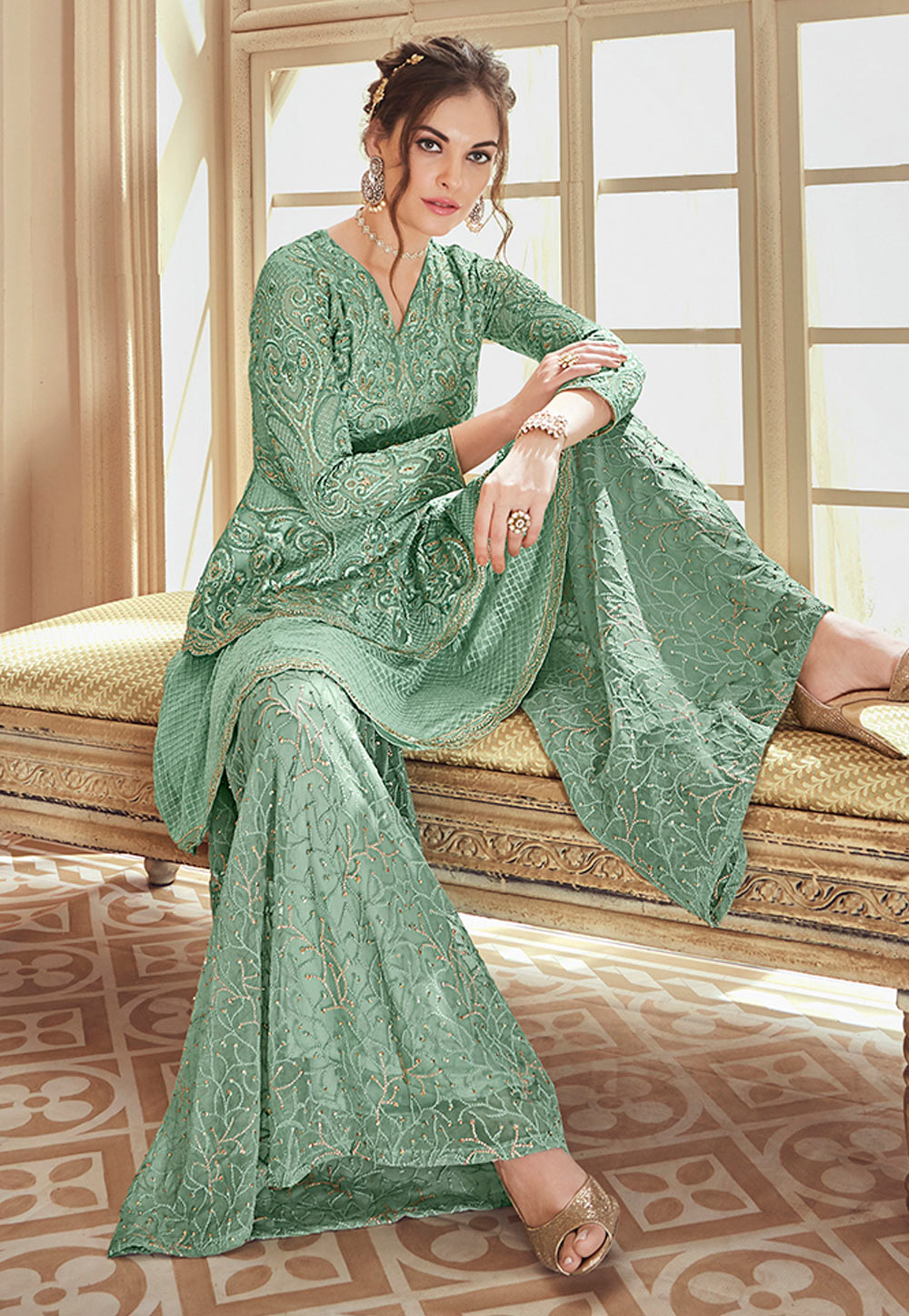 Sea Green Net Embroidered Kameez With Palazzo 166044