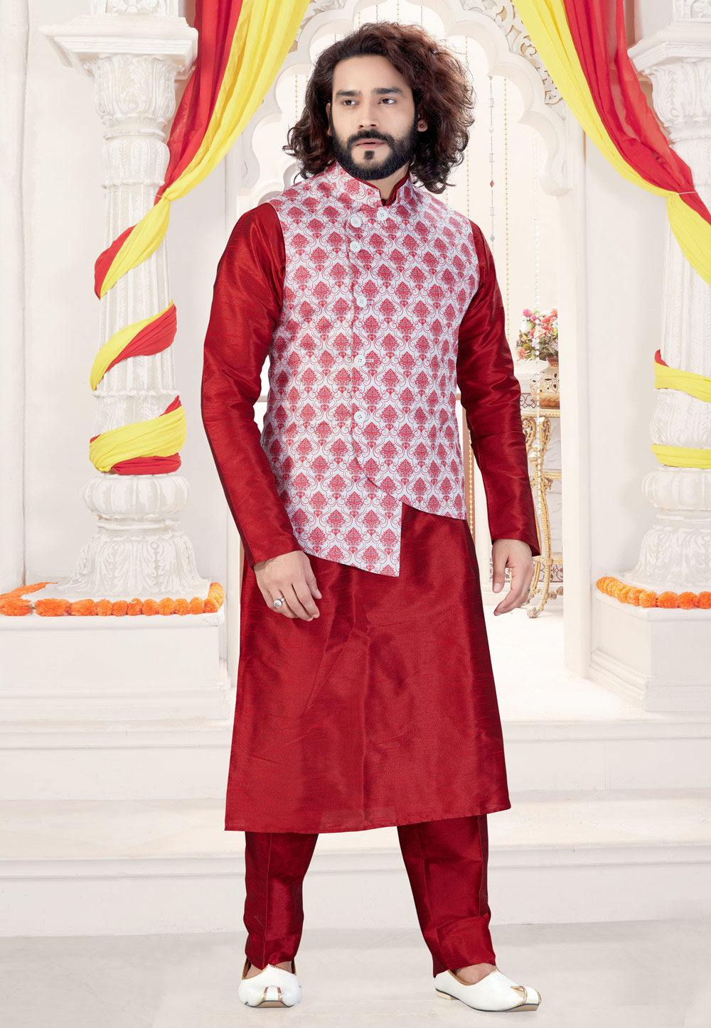 Red Art Silk Readymade Kurta Pajama With Jacket 197102