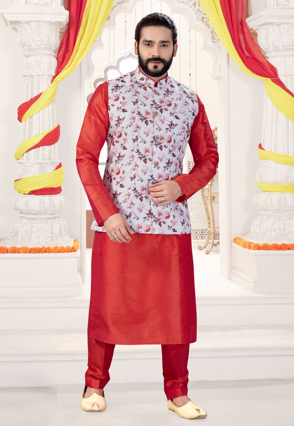 Red Silk Readymade Kurta Pajama With Jacket 197107