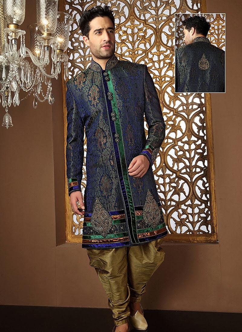 Blue Banarasi Silk Butta Work Pathani Suit 40996