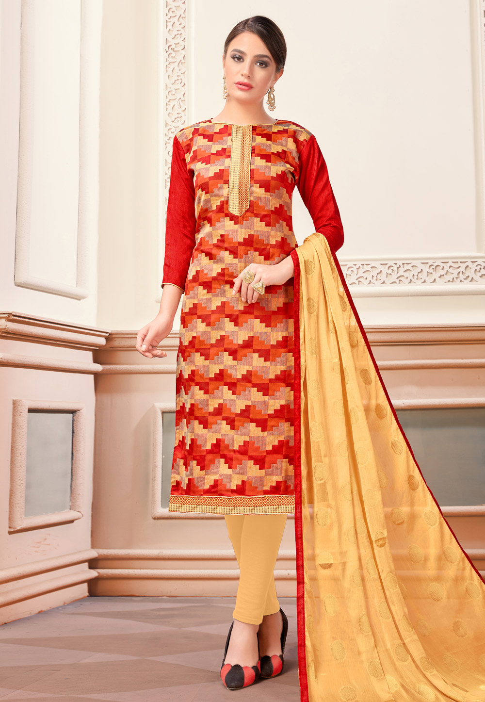 Red Banarasi Silk Pant Style Suit 160136