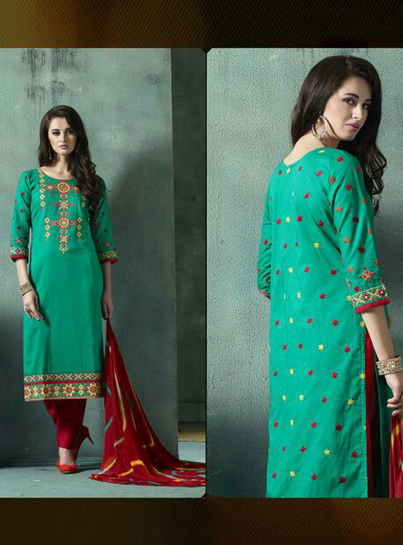 Green Cotton Pakistani Style Suit 80006