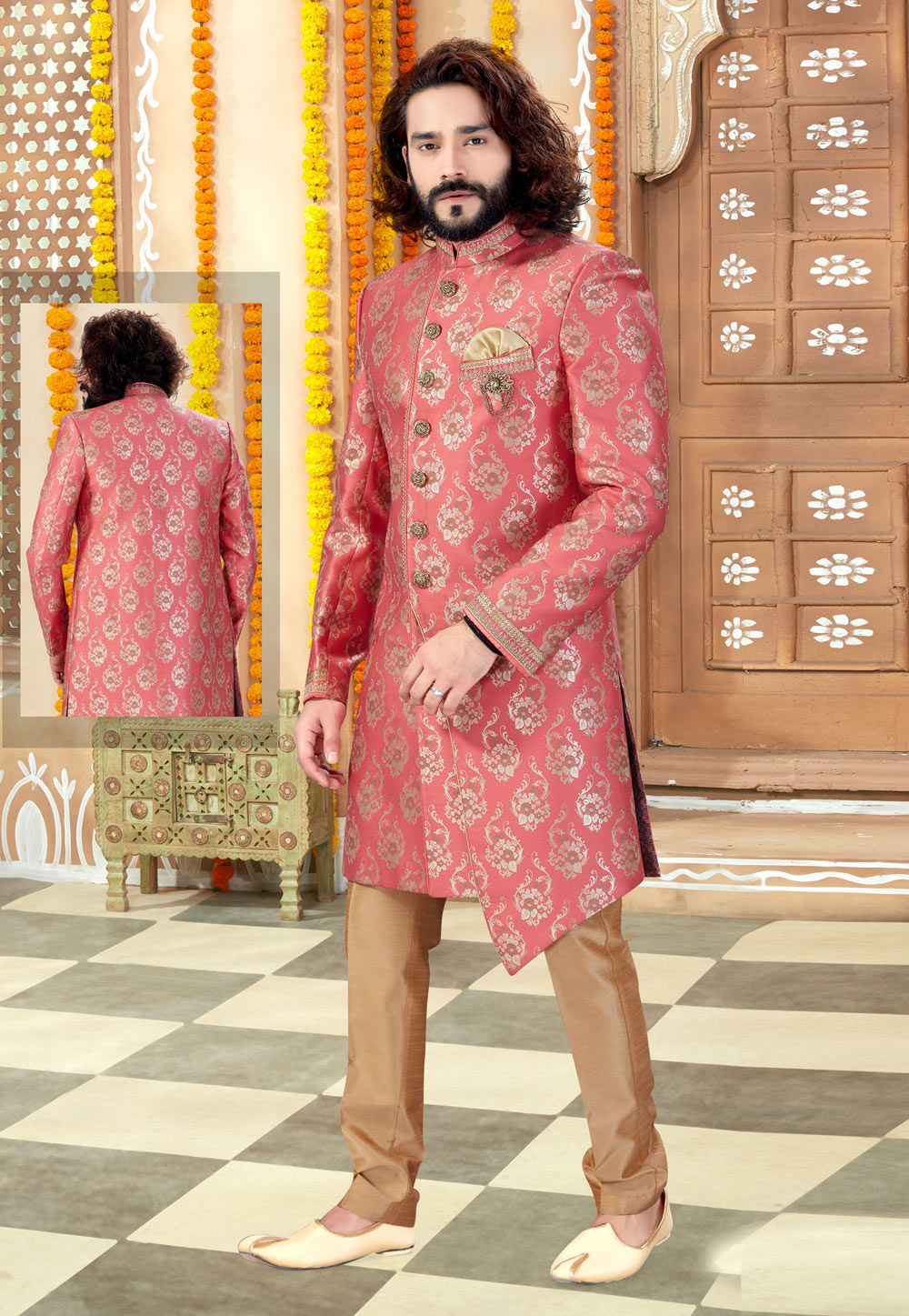 Pink Banarasi Silk Readymade Indo Western Sherwani 197257